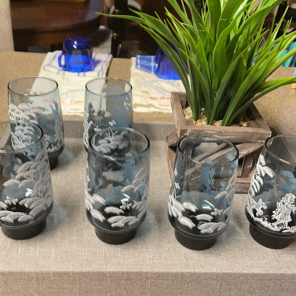 WOW!  Rare find. Vintage 10 OZ blue glass tumblers with white raised artwork